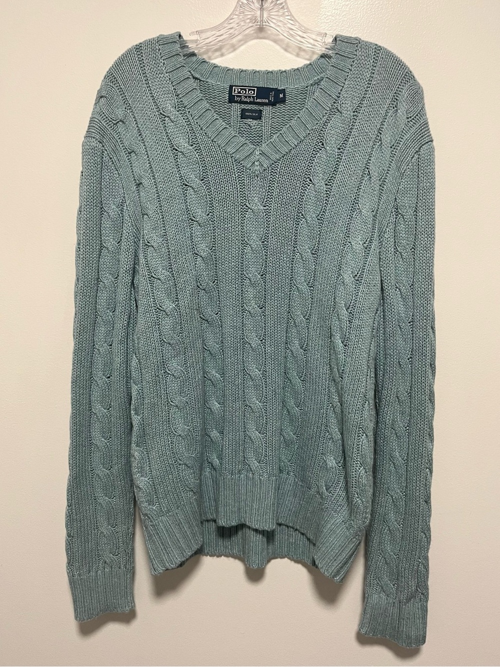 Polo Ralph Lauren 100% Silk Cable Knit V Neck Sweater Blue Medium
